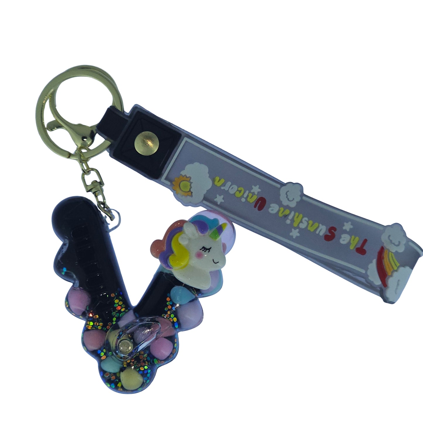 OTTAVO Unicorn Theme Alphabet Letter Glitter Keychain, PVC Water Globe Design, Decorative Bag Charm and Key Ring (Alphabet Letter V)