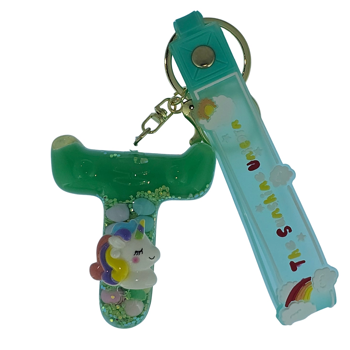 OTTAVO Unicorn Theme Alphabet Letter Glitter Keychain, PVC Water Globe Design, Decorative Bag Charm and Key Ring (Alphabet Letter T)