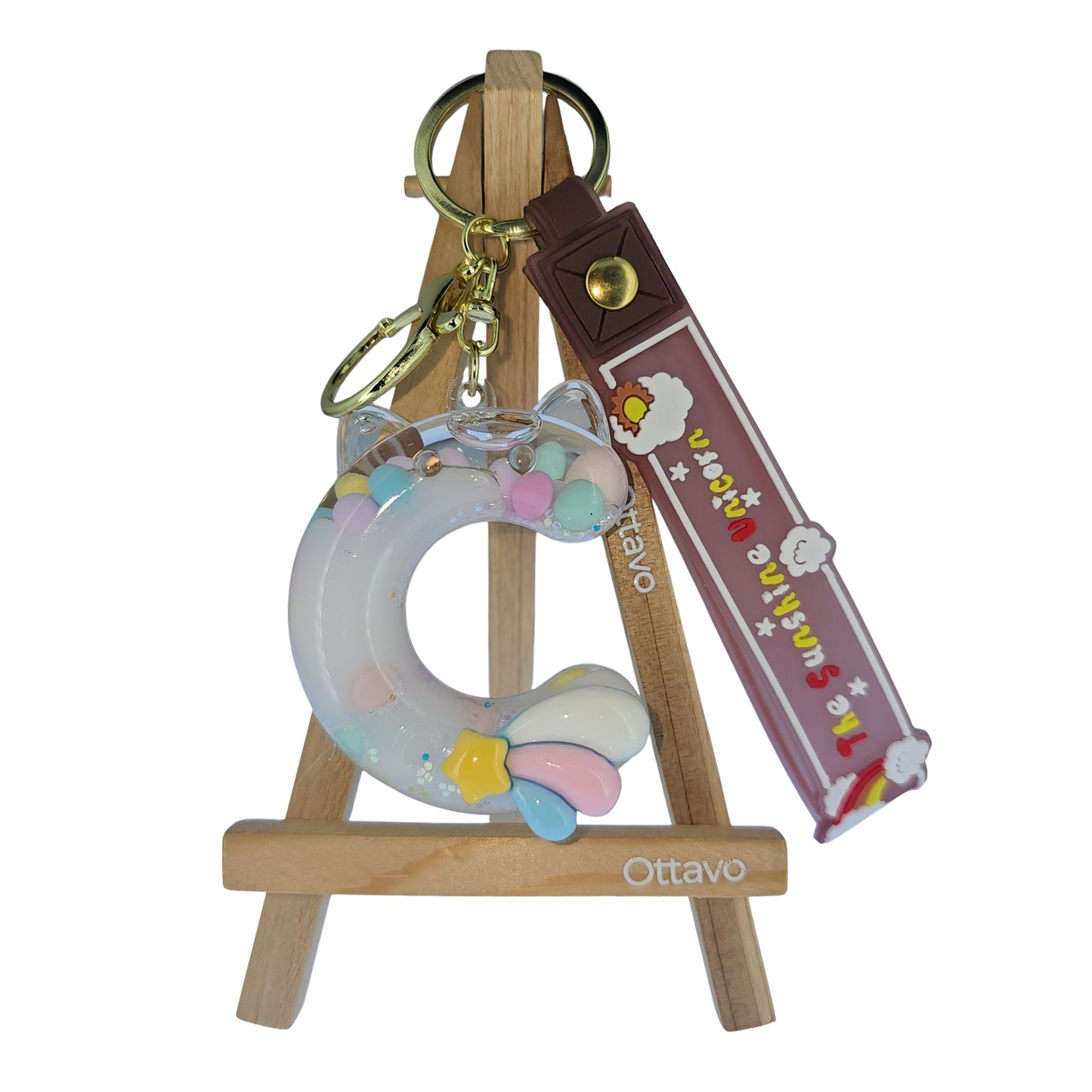OTTAVO Unicorn Theme Alphabet Letter Glitter Keychain, PVC Water Globe Design, Decorative Bag Charm and Key Ring (Alphabet Letter C)