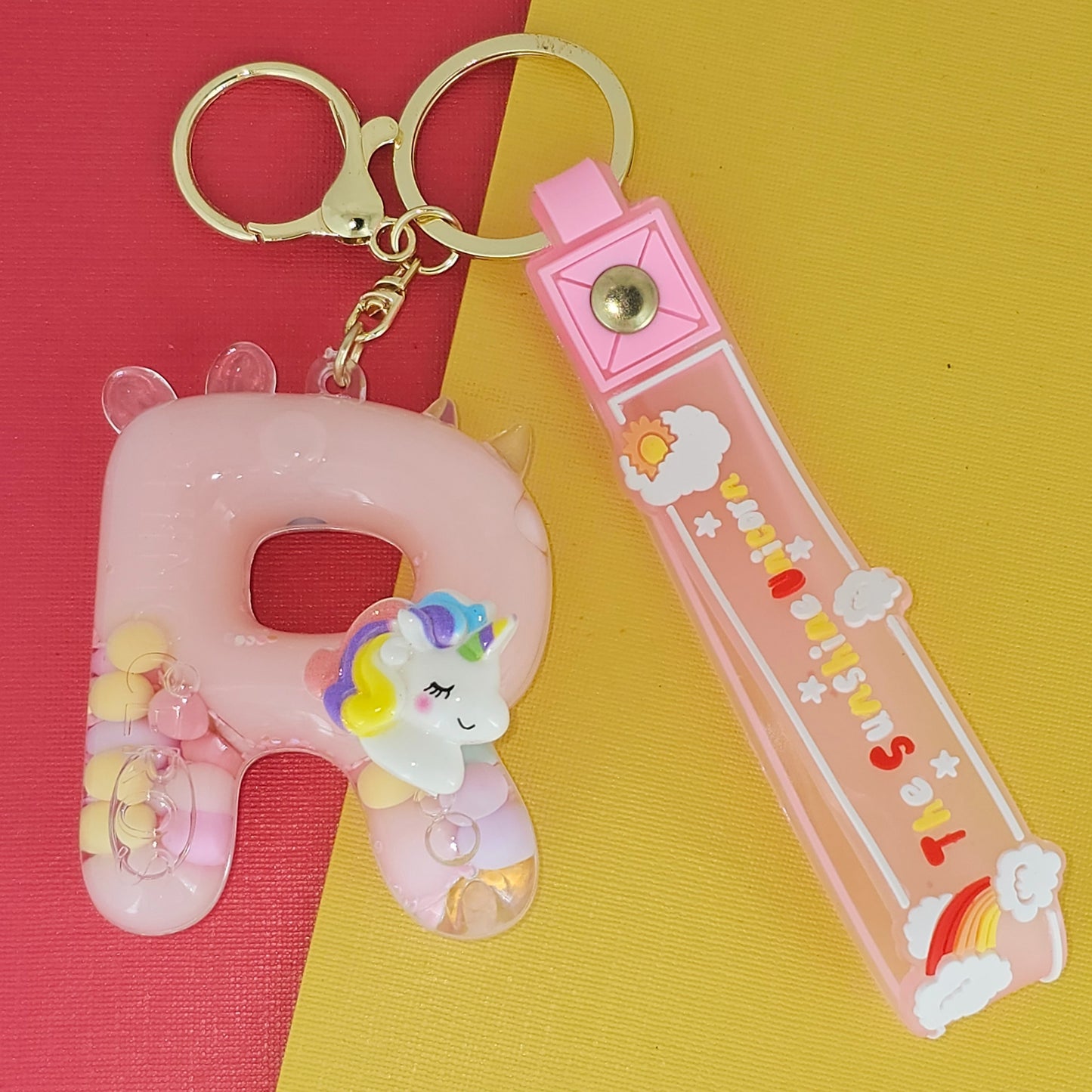 OTTAVO Unicorn Theme Alphabet Letter Glitter Keychain, PVC Water Globe Design, Decorative Bag Charm and Key Ring (Alphabet Letter R)