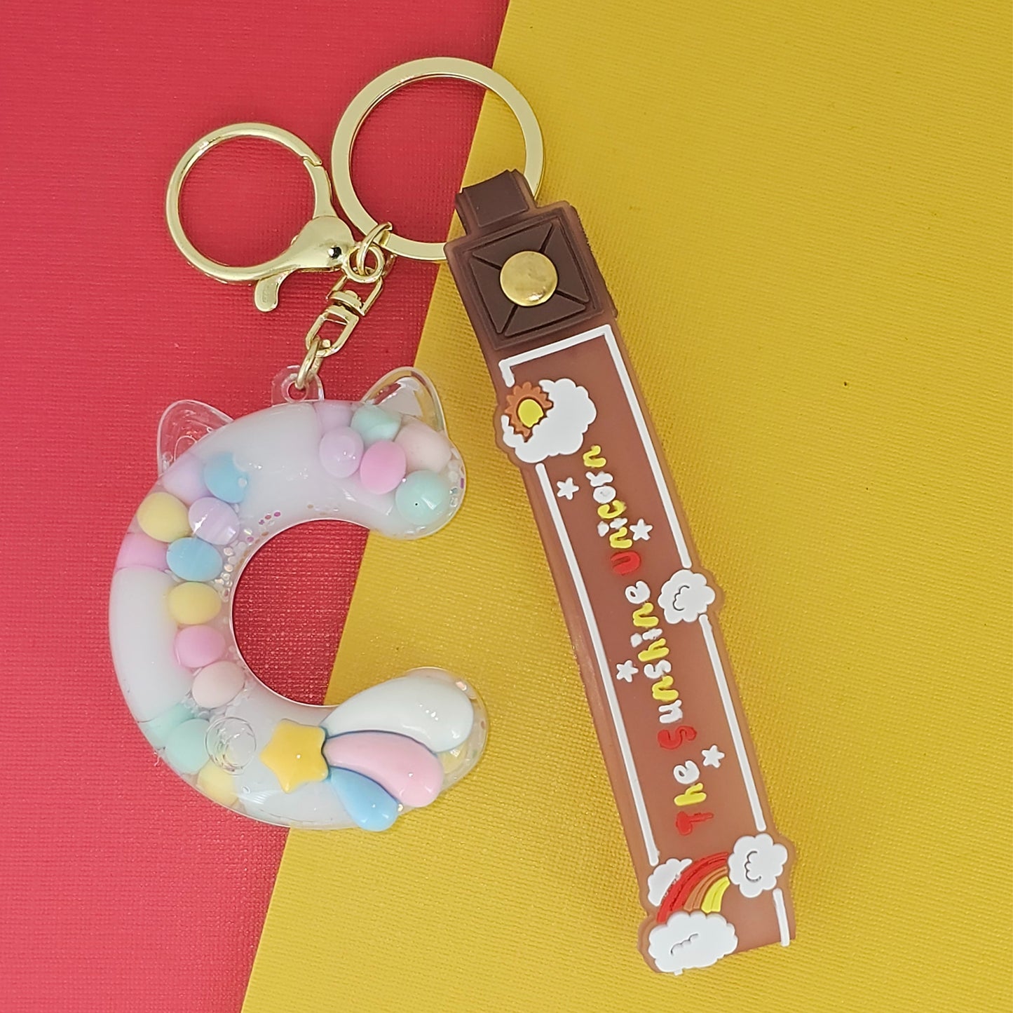OTTAVO Unicorn Theme Alphabet Letter Glitter Keychain, PVC Water Globe Design, Decorative Bag Charm and Key Ring (Alphabet Letter C)