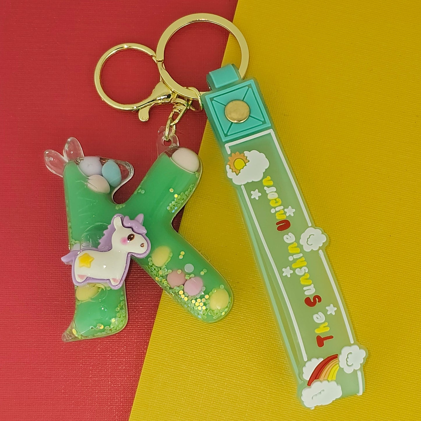 OTTAVO Unicorn Theme Alphabet Letter Glitter Keychain, PVC Water Globe Design, Decorative Bag Charm and Key Ring (Alphabet Letter K)