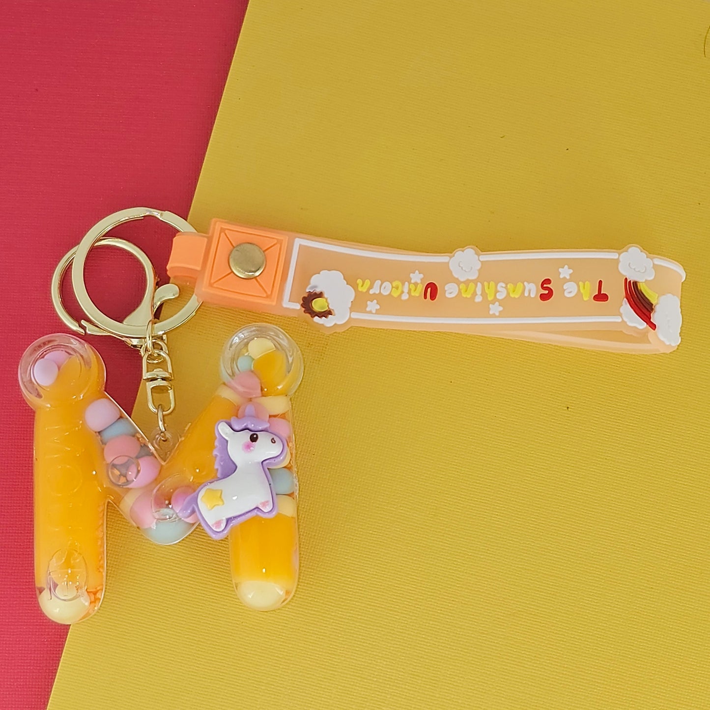 OTTAVO Unicorn Theme Alphabet Letter Glitter Keychain, PVC Water Globe Design, Decorative Bag Charm and Key Ring (Alphabet Letter M)