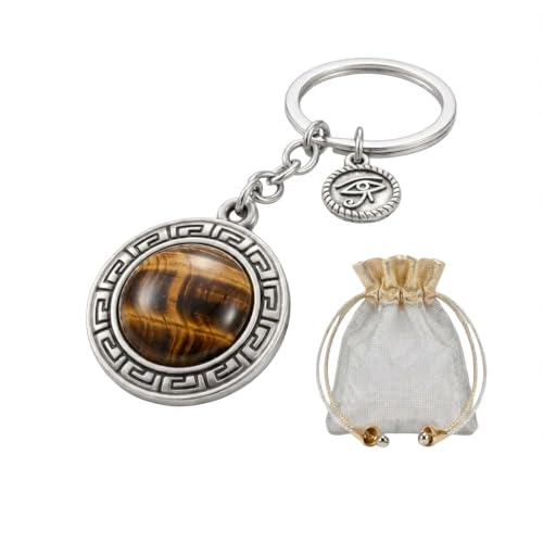 OTTAVO Evil Eye Keychain, Blue Nazar Talisman with Eye of Horus Charm, Greek Key Border, Antique Finish, Metal Key Ring with Premium Mesh Gift Pouch and corrugated box