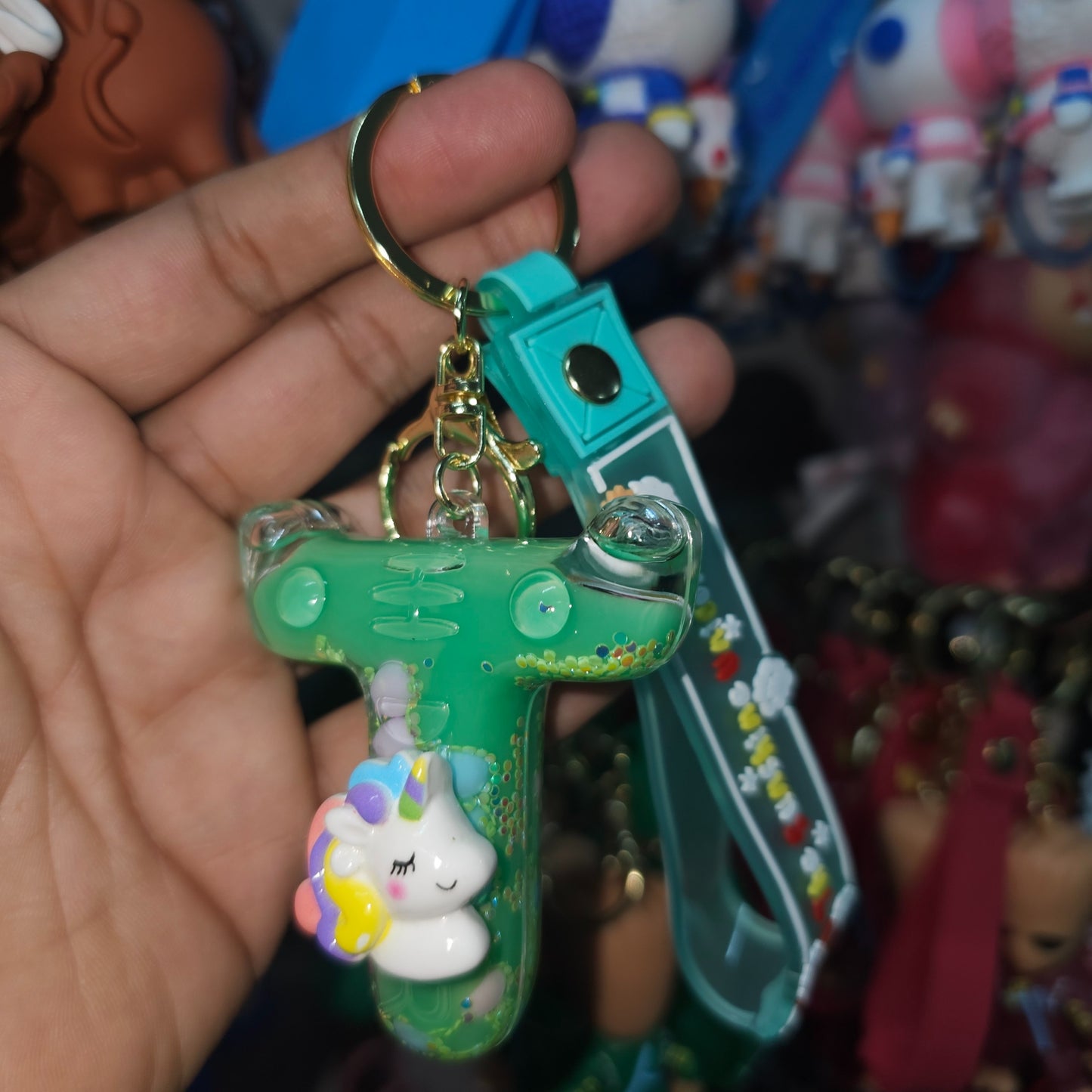 OTTAVO Unicorn Theme Alphabet Letter Glitter Keychain, PVC Water Globe Design, Decorative Bag Charm and Key Ring (Alphabet Letter T)