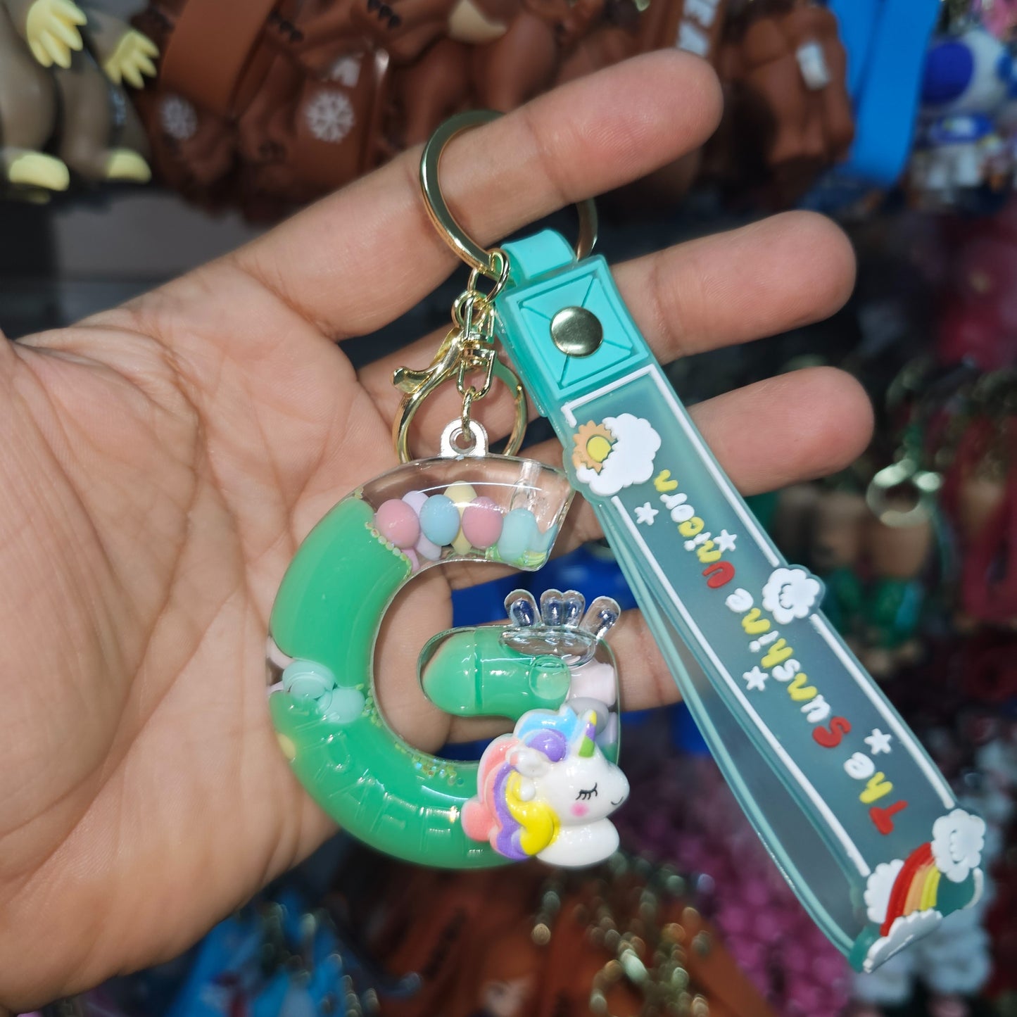 OTTAVO Unicorn Theme Alphabet Letter Glitter Keychain, PVC Water Globe Design, Decorative Bag Charm and Key Ring (Alphabet Letter G)