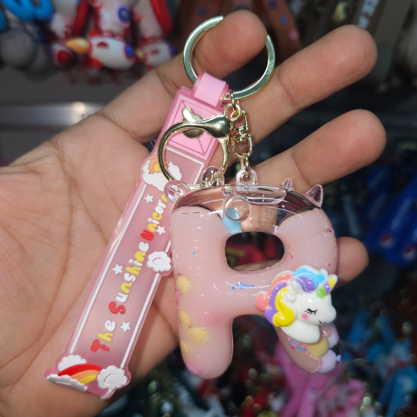 OTTAVO Unicorn Theme Alphabet Letter Glitter Keychain, PVC Water Globe Design, Decorative Bag Charm and Key Ring (Alphabet Letter R)