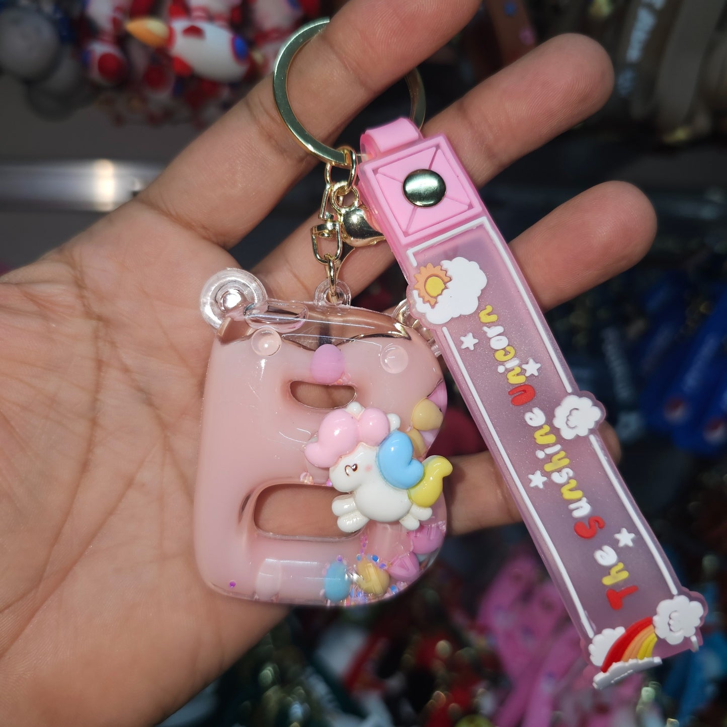 OTTAVO Unicorn Theme Alphabet Letter Glitter Keychain, PVC Water Globe Design, Decorative Bag Charm and Key Ring (Alphabet Letter B)
