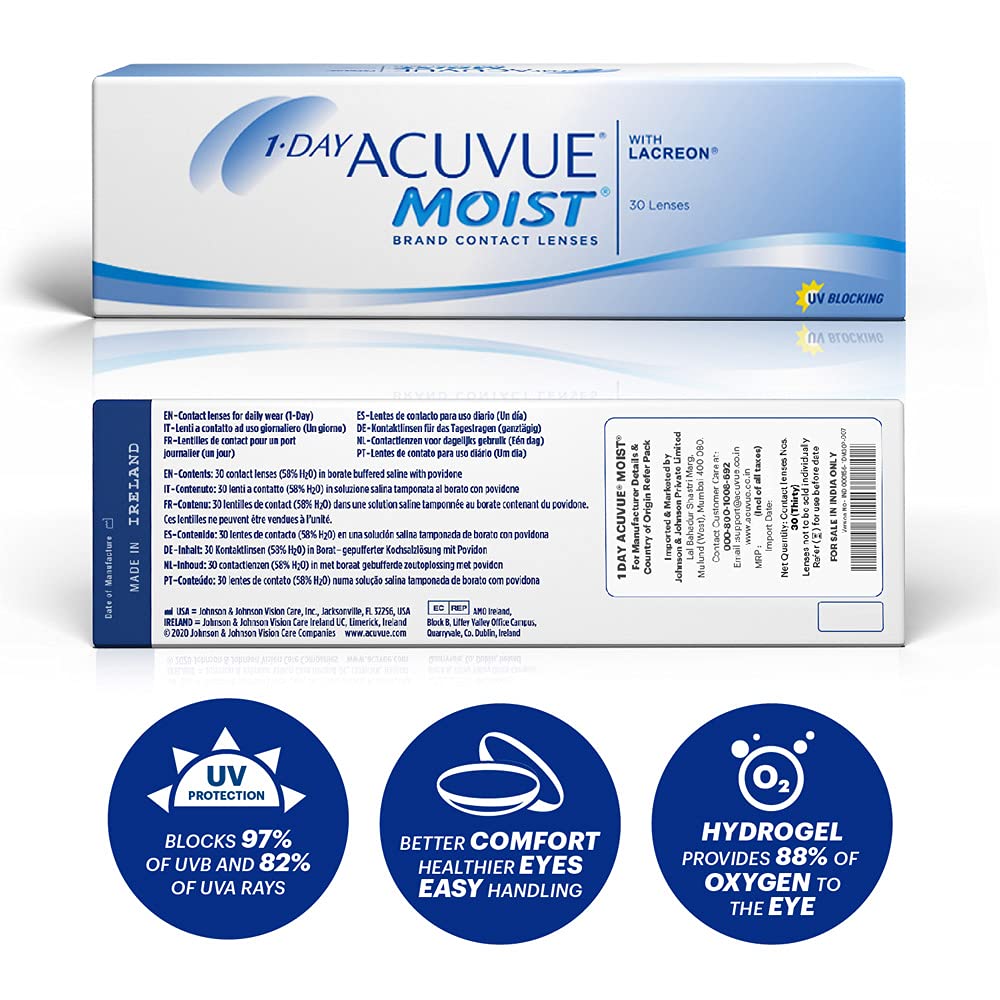 ACUVUE 1-DAY MOIST - Daily Disposable Contact lenses (Clear, Pack of 10 Lenses) | From Johnson&Johnson