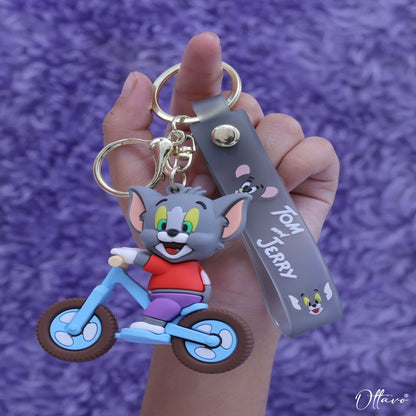 Ottavo Cute Cartoon 3D Silicone High -Quality PVC Material Keychain, Suitable for Boys and Girls(Tom on Bycicle))