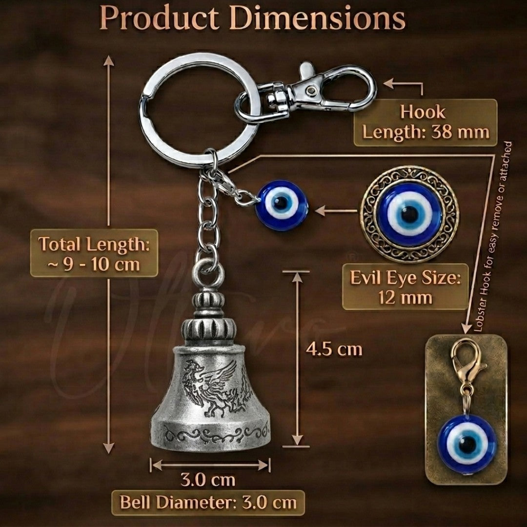 OTTAVO Guardian Bell Keychain for Bike & Car | Tibetan Texture Bell Keychain with Evil Eye & Silver Hook | Good Luck Charm with Laser-Engraved Wooden Gift Box (Dragon Antique Silver)