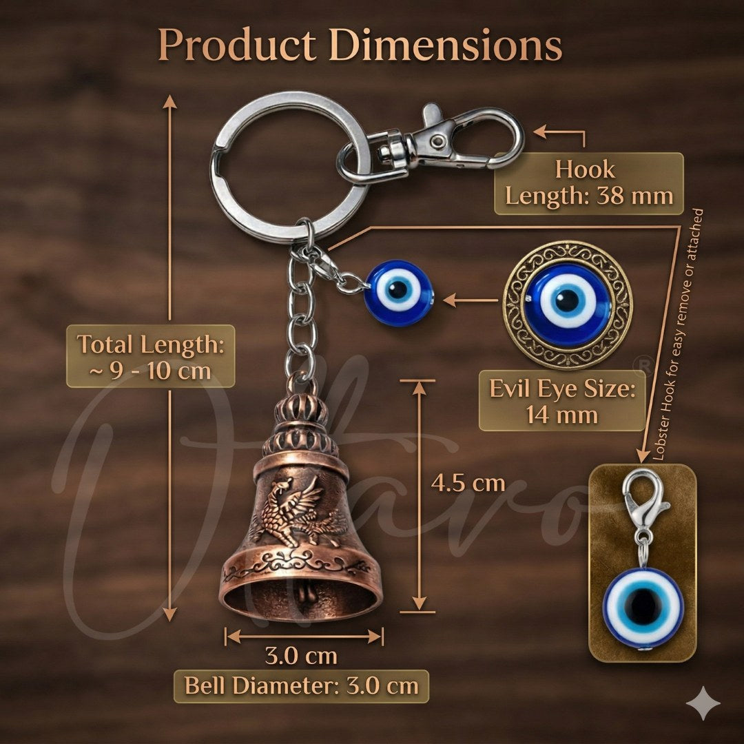 OTTAVO Premium Guardian Bell Keychain for Bike & Car | Tibetan Texture Bell Keychain with Evil Eye & Silver Hook | Good Luck Charm with Laser-Engraved Wooden Gift Box (Antique Copper)