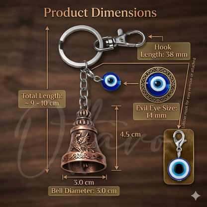 OTTAVO Premium Guardian Bell Keychain for Bike & Car | Tibetan Texture Bell Keychain with Evil Eye & Silver Hook | Good Luck Charm with Laser-Engraved Wooden Gift Box (Antique Copper)