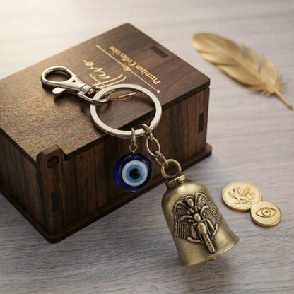 OTTAVO Guardian Bell Keychain, Winged Bike Embossed Design, with Evil Eye Charm and Silver Hook, Good Luck Biker Bell, Laser-Engraved Wooden Gift Box Included