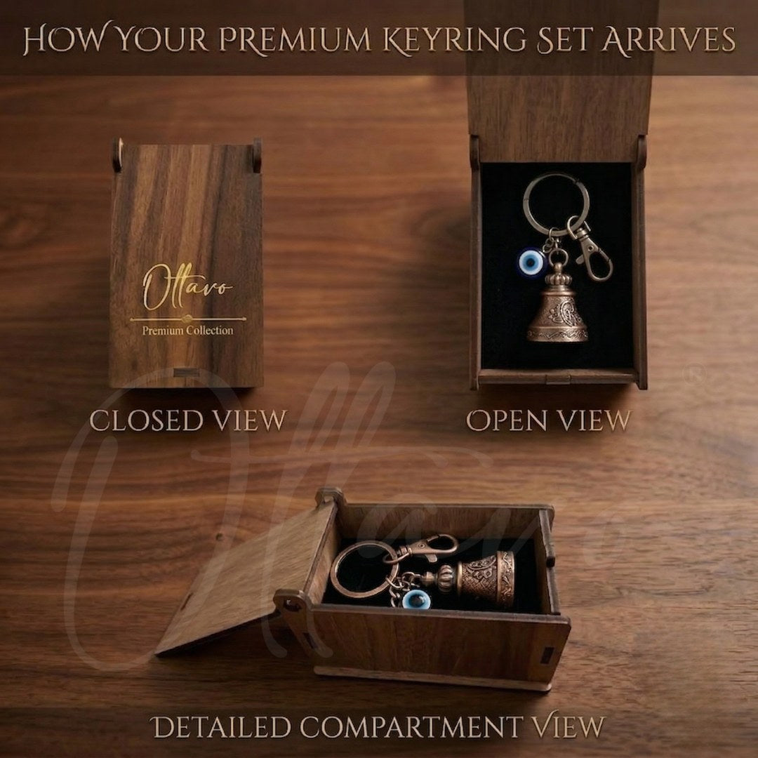 OTTAVO Premium Guardian Bell Keychain for Bike & Car | Tibetan Texture Bell Keychain with Evil Eye & Silver Hook | Good Luck Charm with Laser-Engraved Wooden Gift Box (Antique Copper)