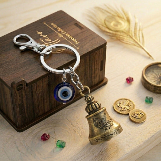 OTTAVO Guardian Bell Keychain for Bike & Car | Tibetan Texture Bell Keychain with Evil Eye & Silver Hook | Good Luck Charm with Laser-Engraved Wooden Gift Box (Dragon Antique Brass)