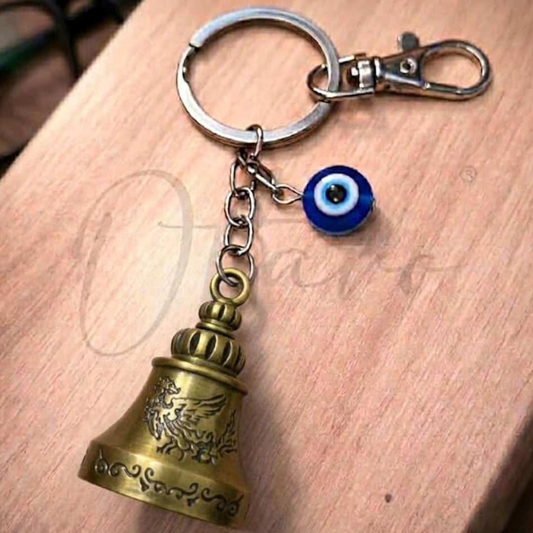 OTTAVO Guardian Bell Keychain for Bike & Car | Tibetan Texture Bell Keychain with Evil Eye & Silver Hook | Good Luck Charm with Laser-Engraved Wooden Gift Box (Dragon Antique Brass)