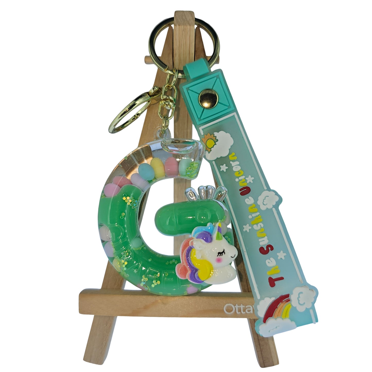 OTTAVO Unicorn Theme Alphabet Letter Glitter Keychain, PVC Water Globe Design, Decorative Bag Charm and Key Ring (Alphabet Letter G)