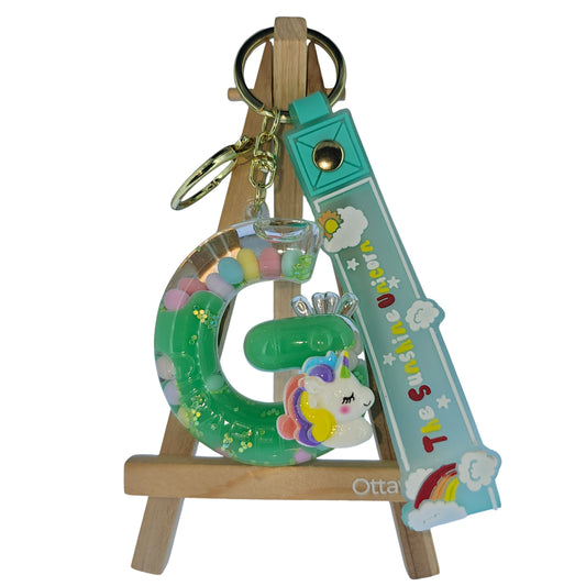 OTTAVO Unicorn Theme Alphabet Letter Glitter Keychain, PVC Water Globe Design, Decorative Bag Charm and Key Ring (Alphabet Letter G)