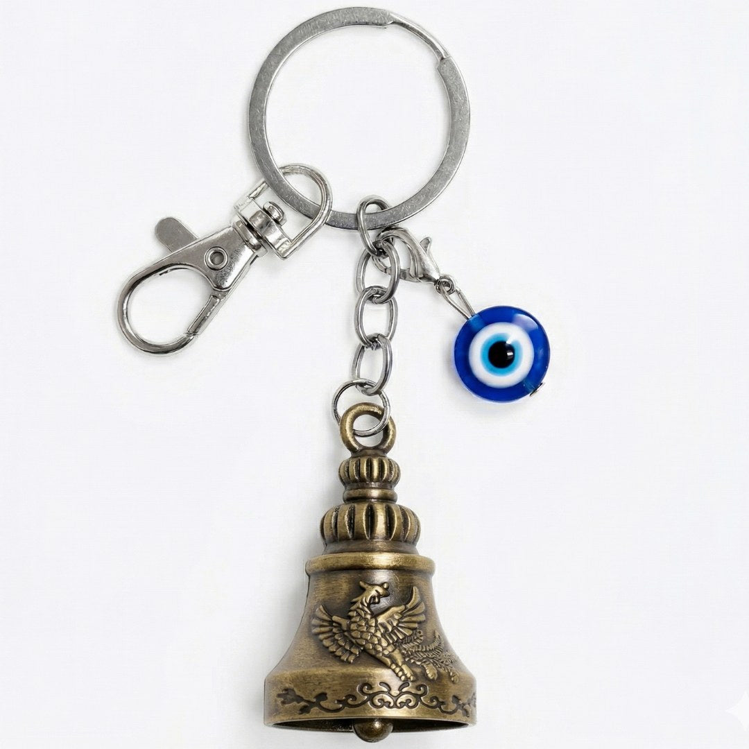 OTTAVO Premium Guardian Bell Keychain for Bike & Car | Tibetan Texture Bell Keychain with Evil Eye & Silver Hook | Good Luck Charm with Laser-Engraved Wooden Gift Box (Antique Brass)