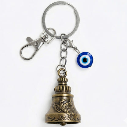 OTTAVO Premium Guardian Bell Keychain for Bike & Car | Tibetan Texture Bell Keychain with Evil Eye & Silver Hook | Good Luck Charm with Laser-Engraved Wooden Gift Box (Antique Brass)