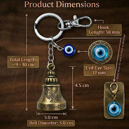 OTTAVO Guardian Bell Keychain for Bike & Car | Tibetan Texture Bell Keychain with Evil Eye & Silver Hook | Good Luck Charm with Laser-Engraved Wooden Gift Box (Dragon Antique Brass)