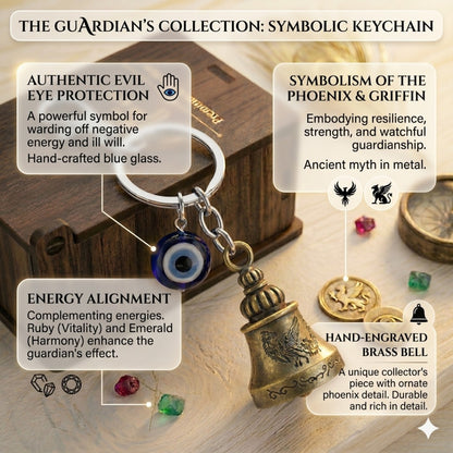 OTTAVO Guardian Bell Keychain for Bike & Car | Tibetan Texture Bell Keychain with Evil Eye & Silver Hook | Good Luck Charm with Laser-Engraved Wooden Gift Box (Dragon Antique Brass)