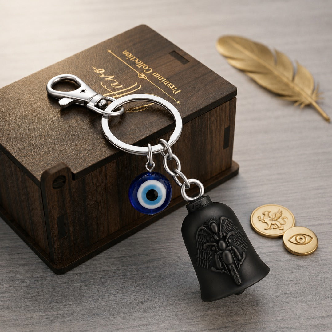 OTTAVO Guardian Bell Keychain, Winged Bike Embossed Design, with Evil Eye Charm and Silver Hook, Good Luck Biker Bell, Laser-Engraved Wooden Gift Box Included