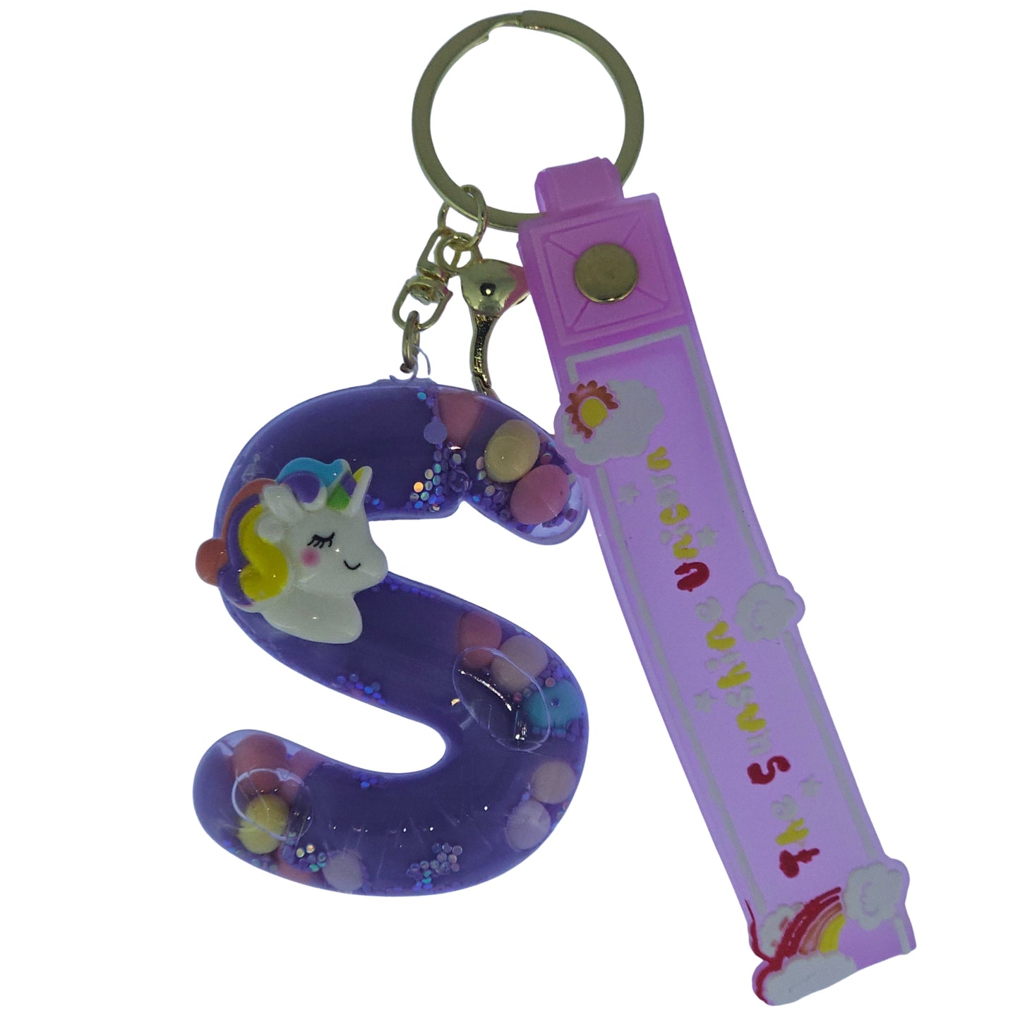 OTTAVO Unicorn Theme Alphabet Letter Glitter Keychain, PVC Water Globe Design, Decorative Bag Charm and Key Ring (Alphabet Letter S)