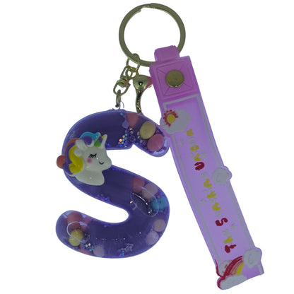 OTTAVO Unicorn Theme Alphabet Letter Glitter Keychain, PVC Water Globe Design, Decorative Bag Charm and Key Ring (Alphabet Letter S)
