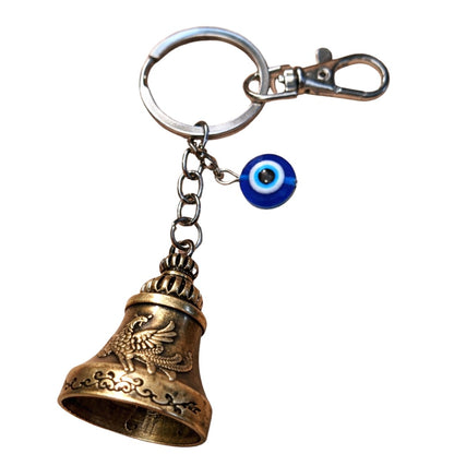 OTTAVO Premium Guardian Bell Keychain for Bike & Car | Tibetan Texture Bell Keychain with Evil Eye & Silver Hook | Good Luck Charm with Laser-Engraved Wooden Gift Box (Antique Brass)