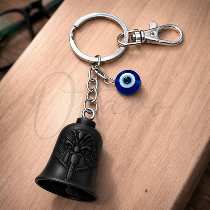 OTTAVO Guardian Bell Keychain, Winged Bike Embossed Design, with Evil Eye Charm and Silver Hook, Good Luck Biker Bell, Laser-Engraved Wooden Gift Box Included