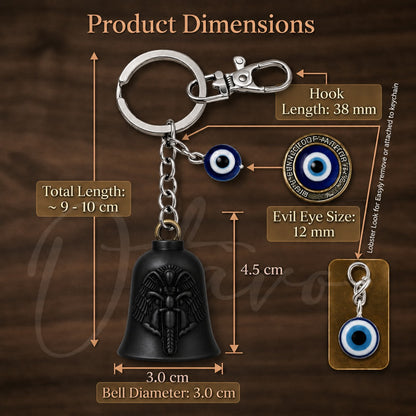 OTTAVO Guardian Bell Keychain, Winged Bike Embossed Design, with Evil Eye Charm and Silver Hook, Good Luck Biker Bell, Laser-Engraved Wooden Gift Box Included