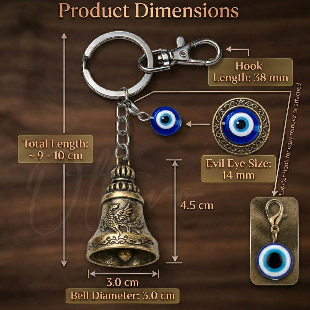 OTTAVO Premium Guardian Bell Keychain for Bike & Car | Tibetan Texture Bell Keychain with Evil Eye & Silver Hook | Good Luck Charm with Laser-Engraved Wooden Gift Box (Antique Brass)