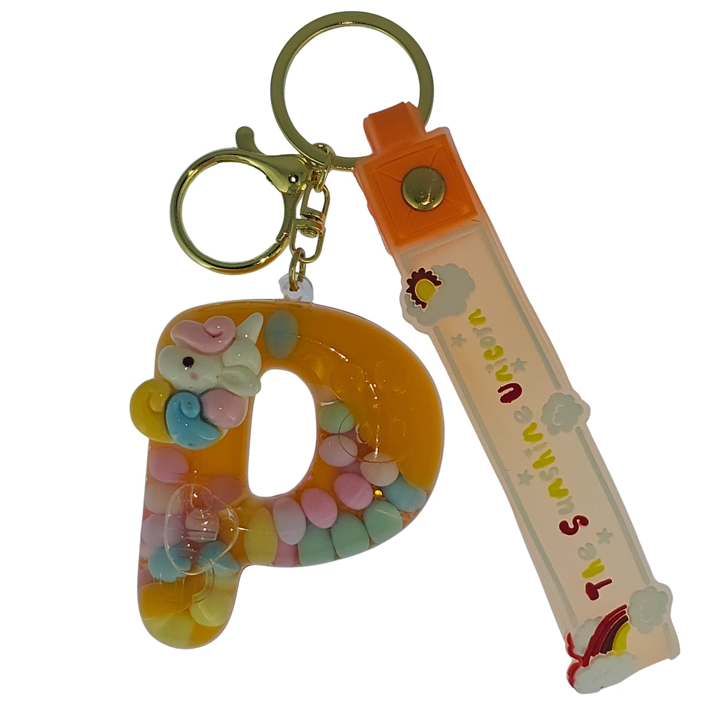 OTTAVO Unicorn Theme Alphabet Letter Glitter Keychain, PVC Water Globe Design, Decorative Bag Charm and Key Ring (Alphabet Letter P)