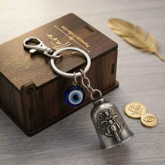 OTTAVO Guardian Bell Keychain, Winged Bike Embossed Design, with Evil Eye Charm and Silver Hook, Good Luck Biker Bell, Laser-Engraved Wooden Gift Box Included