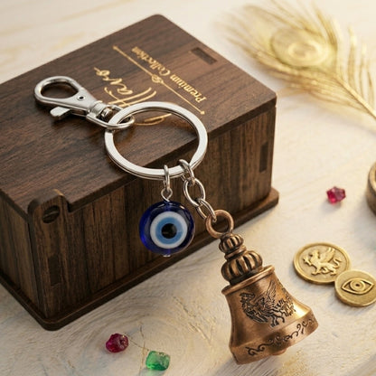 OTTAVO Guardian Bell Keychain for Bike & Car | Tibetan Texture Bell Keychain with Evil Eye & Silver Hook | Good Luck Charm with Laser-Engraved Wooden Gift Box (Dragon Antique Copper)