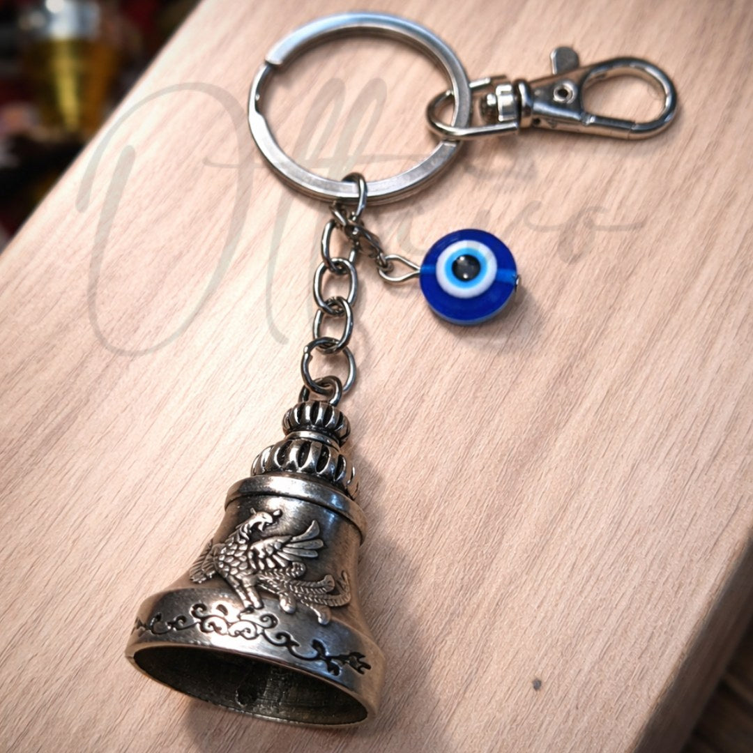 OTTAVO Premium Guardian Bell Keychain for Bike & Car | Tibetan Texture Bell Keychain with Evil Eye & Silver Hook | Good Luck Charm with Laser-Engraved Wooden Gift Box (Antique Silver)