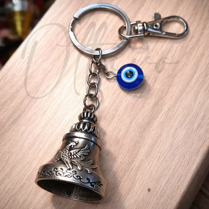 OTTAVO Premium Guardian Bell Keychain for Bike & Car | Tibetan Texture Bell Keychain with Evil Eye & Silver Hook | Good Luck Charm with Laser-Engraved Wooden Gift Box (Antique Silver)
