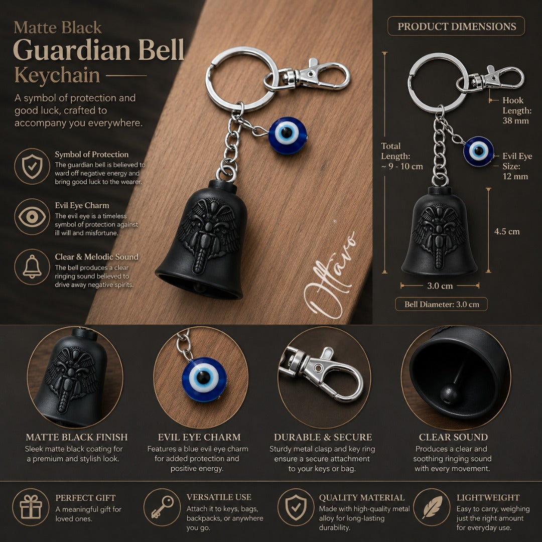 OTTAVO Guardian Bell Keychain, Winged Bike Embossed Design, with Evil Eye Charm and Silver Hook, Good Luck Biker Bell, Laser-Engraved Wooden Gift Box Included