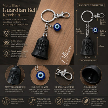 OTTAVO Guardian Bell Keychain, Winged Bike Embossed Design, with Evil Eye Charm and Silver Hook, Good Luck Biker Bell, Laser-Engraved Wooden Gift Box Included