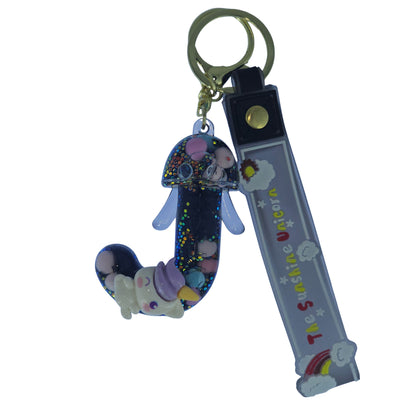 OTTAVO Unicorn Theme Alphabet Letter Glitter Keychain, PVC Water Globe Design, Decorative Bag Charm and Key Ring (Alphabet Letter J)