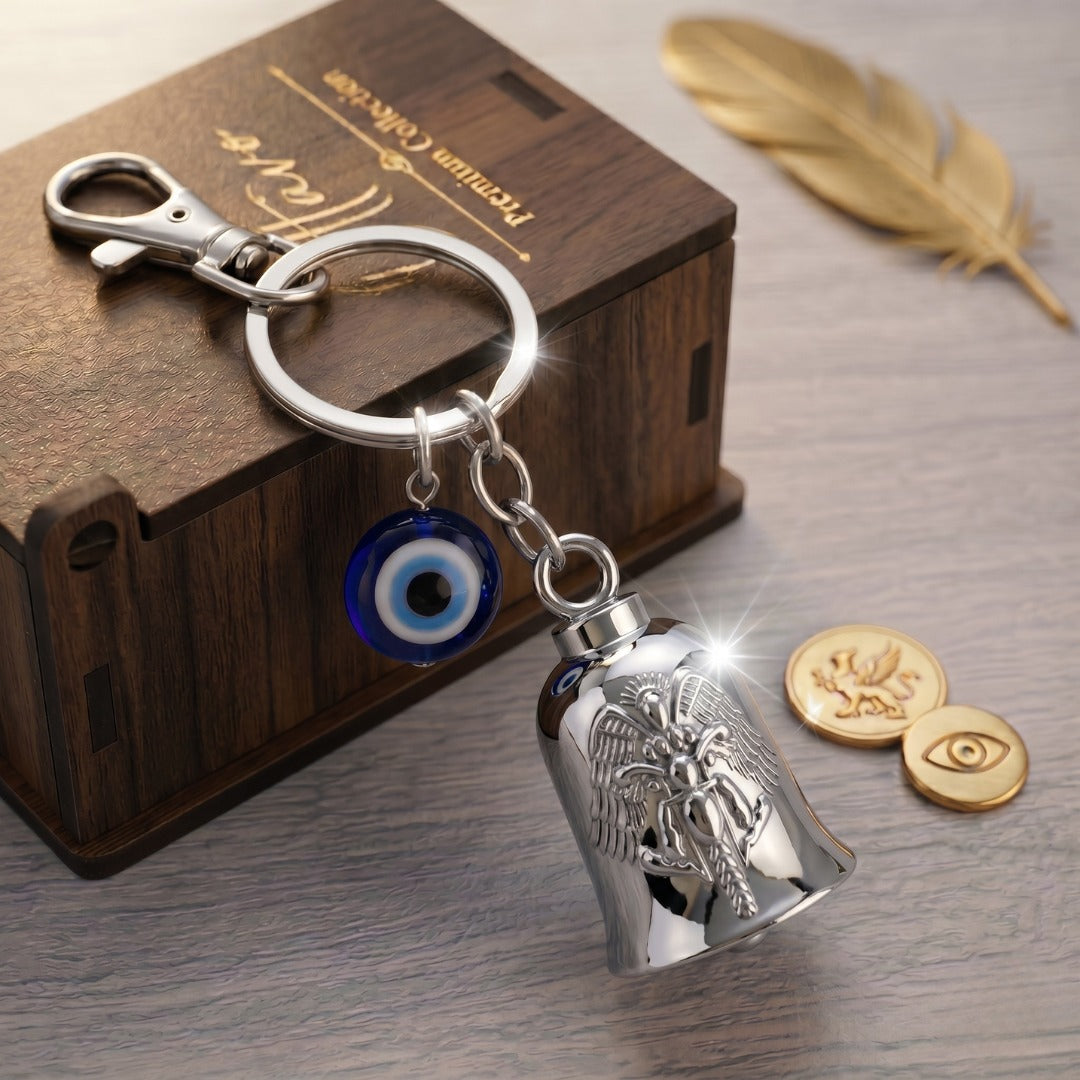 OTTAVO Guardian Bell Keychain, Winged Bike Embossed Design, with Evil Eye Charm and Silver Hook, Good Luck Biker Bell, Laser-Engraved Wooden Gift Box Included