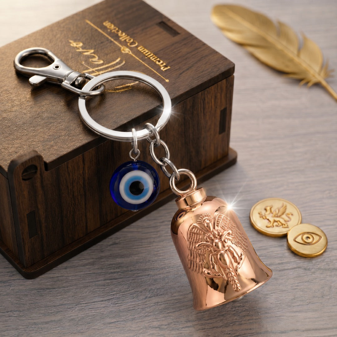 OTTAVO Guardian Bell Keychain, Winged Bike Embossed Design, with Evil Eye Charm and Silver Hook, Good Luck Biker Bell, Laser-Engraved Wooden Gift Box Included