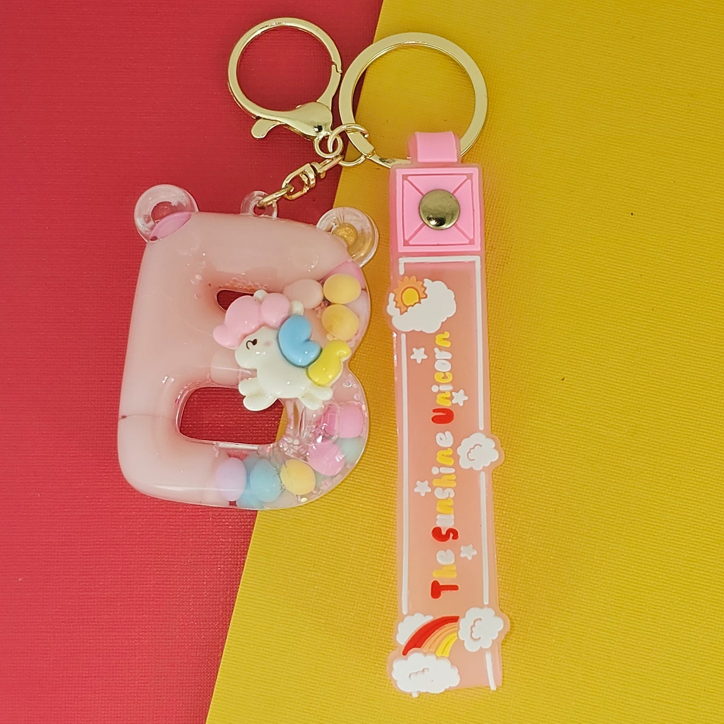 OTTAVO Unicorn Theme Alphabet Letter Glitter Keychain, PVC Water Globe Design, Decorative Bag Charm and Key Ring (Alphabet Letter B)