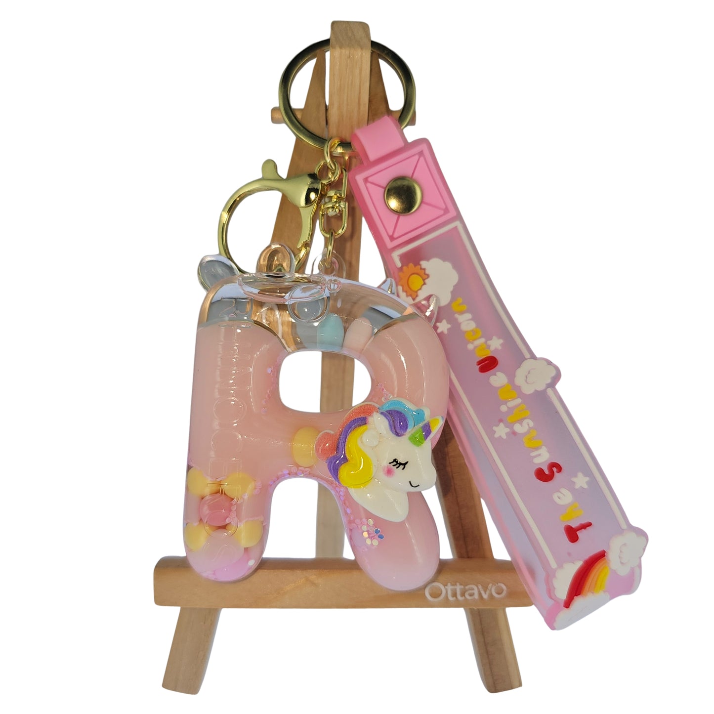 OTTAVO Unicorn Theme Alphabet Letter Glitter Keychain, PVC Water Globe Design, Decorative Bag Charm and Key Ring (Alphabet Letter R)