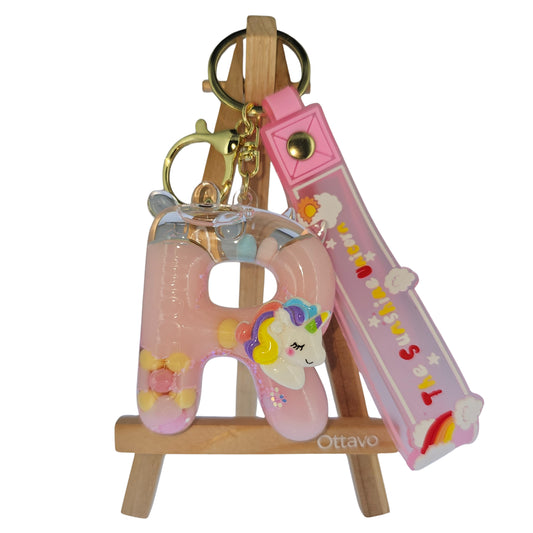 OTTAVO Unicorn Theme Alphabet Letter Glitter Keychain, PVC Water Globe Design, Decorative Bag Charm and Key Ring (Alphabet Letter R)