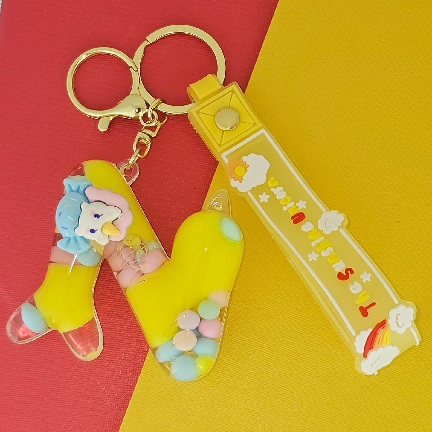 OTTAVO Unicorn Theme Alphabet Letter Glitter Keychain, PVC Water Globe Design, Decorative Bag Charm and Key Ring (Alphabet Letter N)