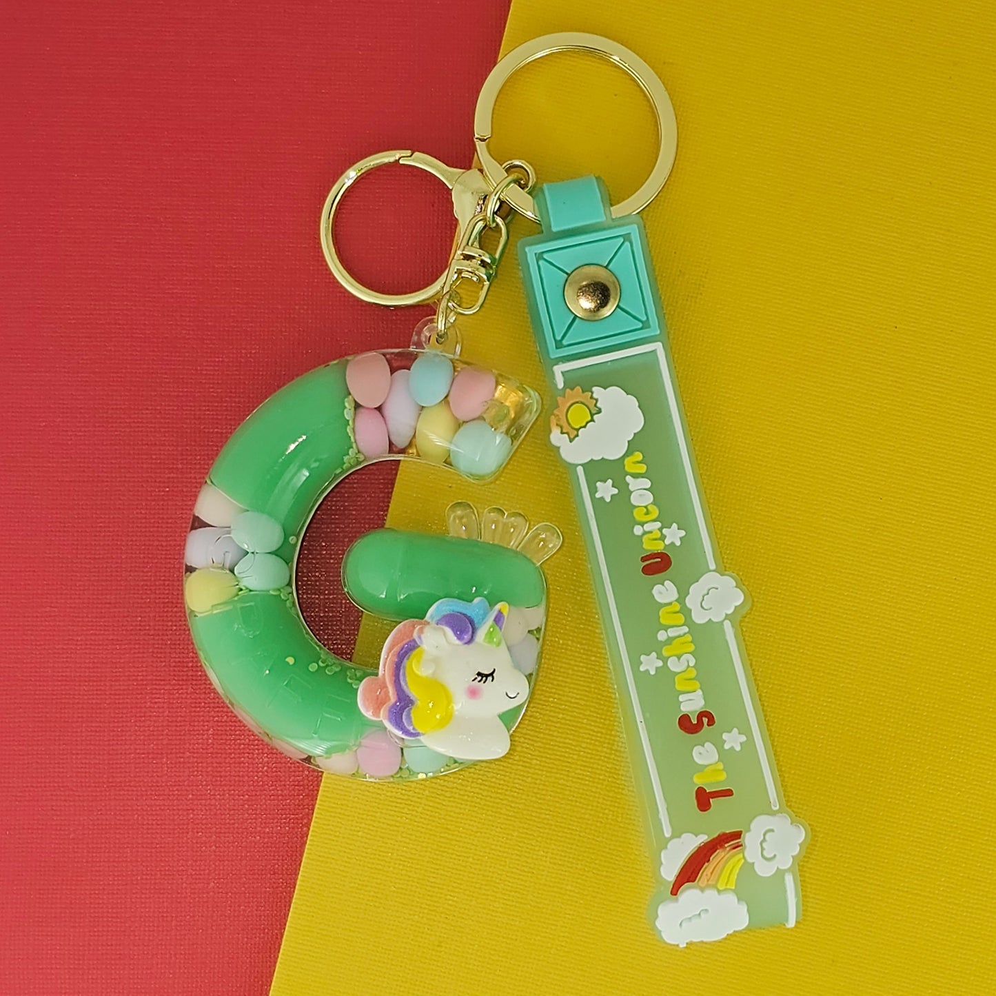 OTTAVO Unicorn Theme Alphabet Letter Glitter Keychain, PVC Water Globe Design, Decorative Bag Charm and Key Ring (Alphabet Letter G)