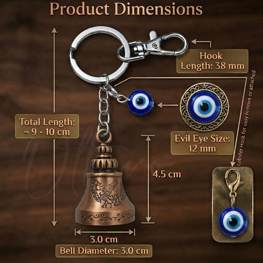 OTTAVO Guardian Bell Keychain for Bike & Car | Tibetan Texture Bell Keychain with Evil Eye & Silver Hook | Good Luck Charm with Laser-Engraved Wooden Gift Box (Dragon Antique Copper)